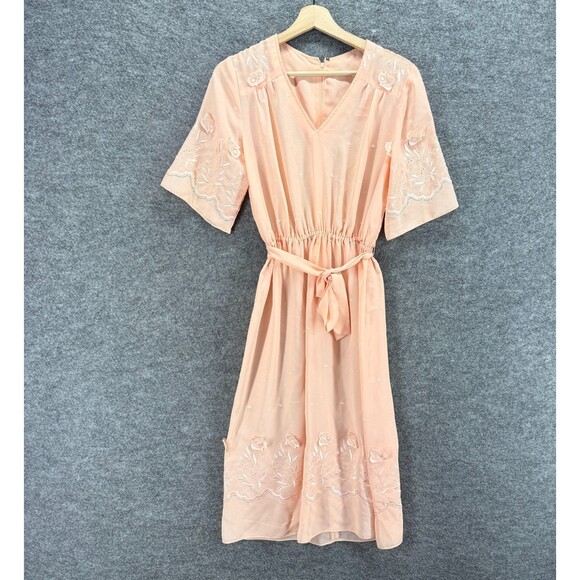 Unbranded Dresses & Skirts - Unbranded Dress Women M Medium Pink Floral Embroidered Sheath Midi Belted Zipper